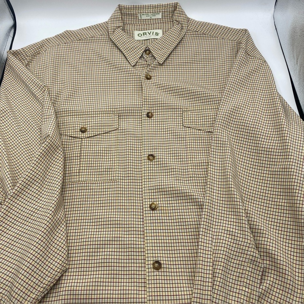 Orvis Men’s Extra Large Plaid Long Sleeve Shirt RN#70534 XL Beige Yellow Button